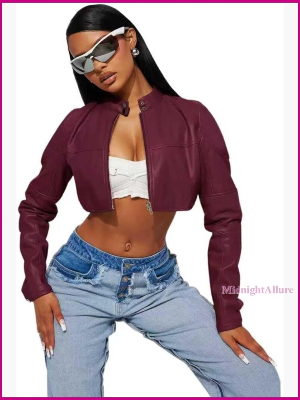 Faux Leather Cropped Bomber Jacket Women's Slim Fit Moto Style